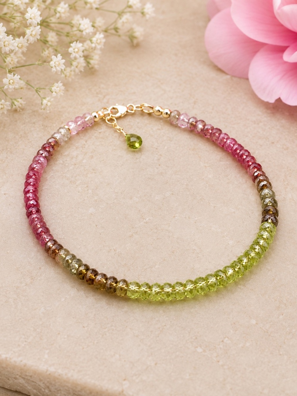 Handmade 14K Yellow Gold Natural Tourmaline Peridot Bracelet 7.75"